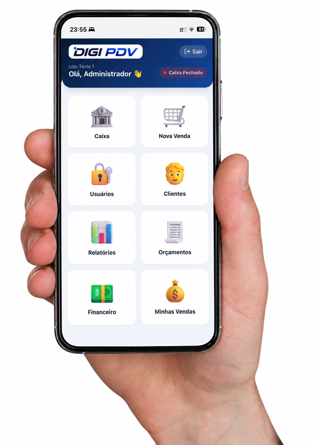 App mobile do DIGIPDV — tela inicial com Caixa, Nova Venda, Usuários, Clientes, Relatórios, Orçamentos, Financeiro e Minhas Vendas