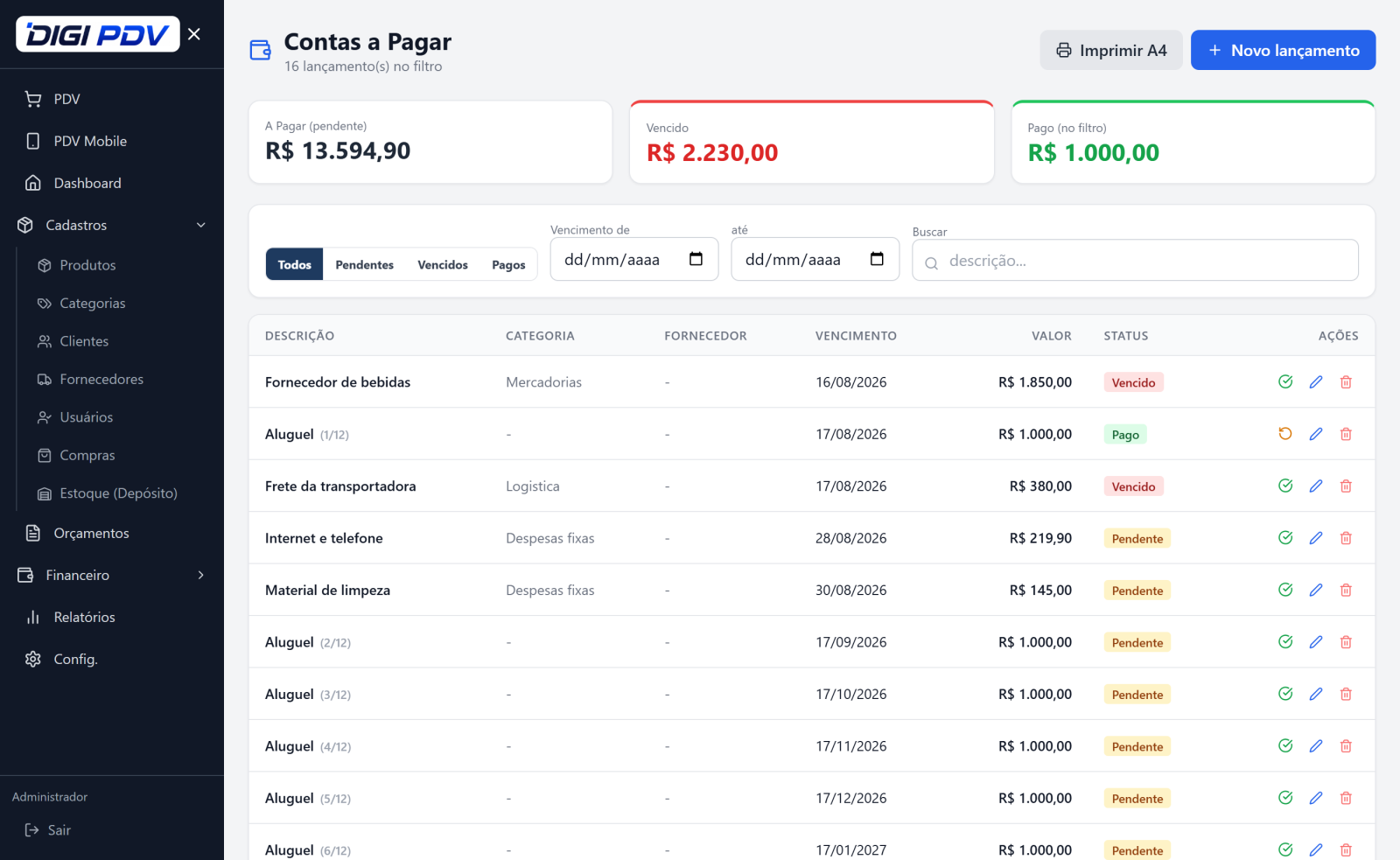 Tela de Contas a Pagar do DIGIPDV — resumo a pagar, vencido e pago, e a lista de lançamentos com status